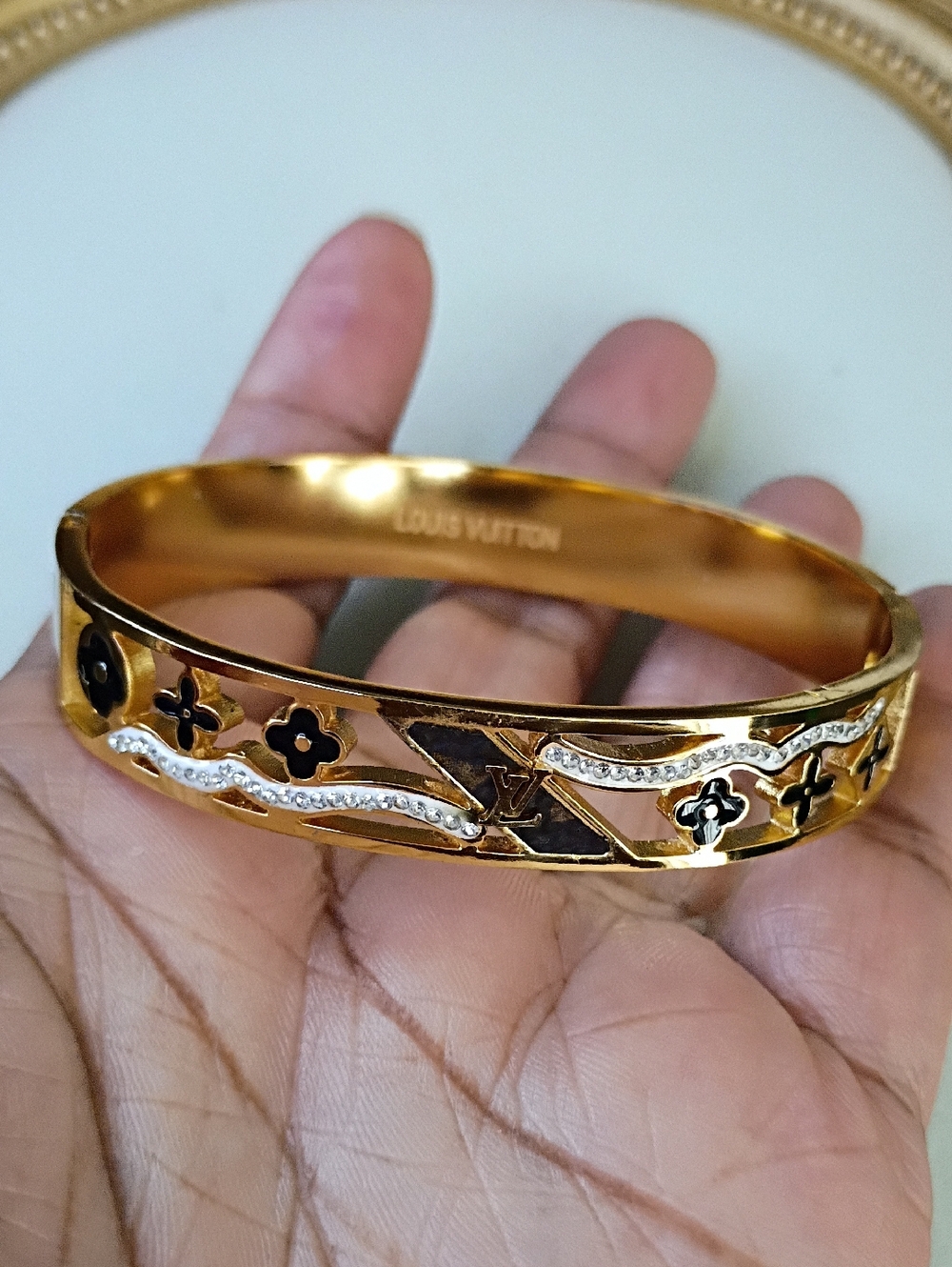 New Gold Tone and Black Monogram Crystal Wave Bangle Fashion Jewelry - Picture 4 of 5